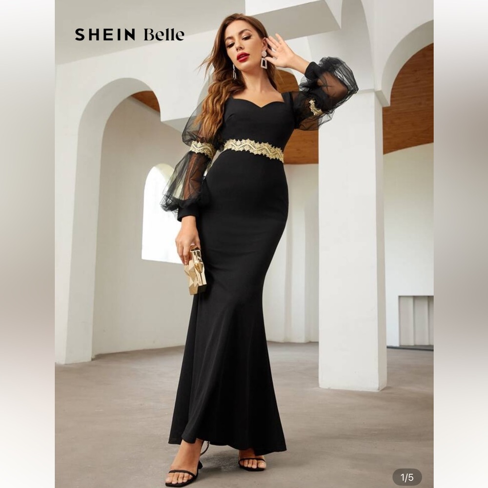 SHEIN Belle Black and Gold Long Sleeve Dress